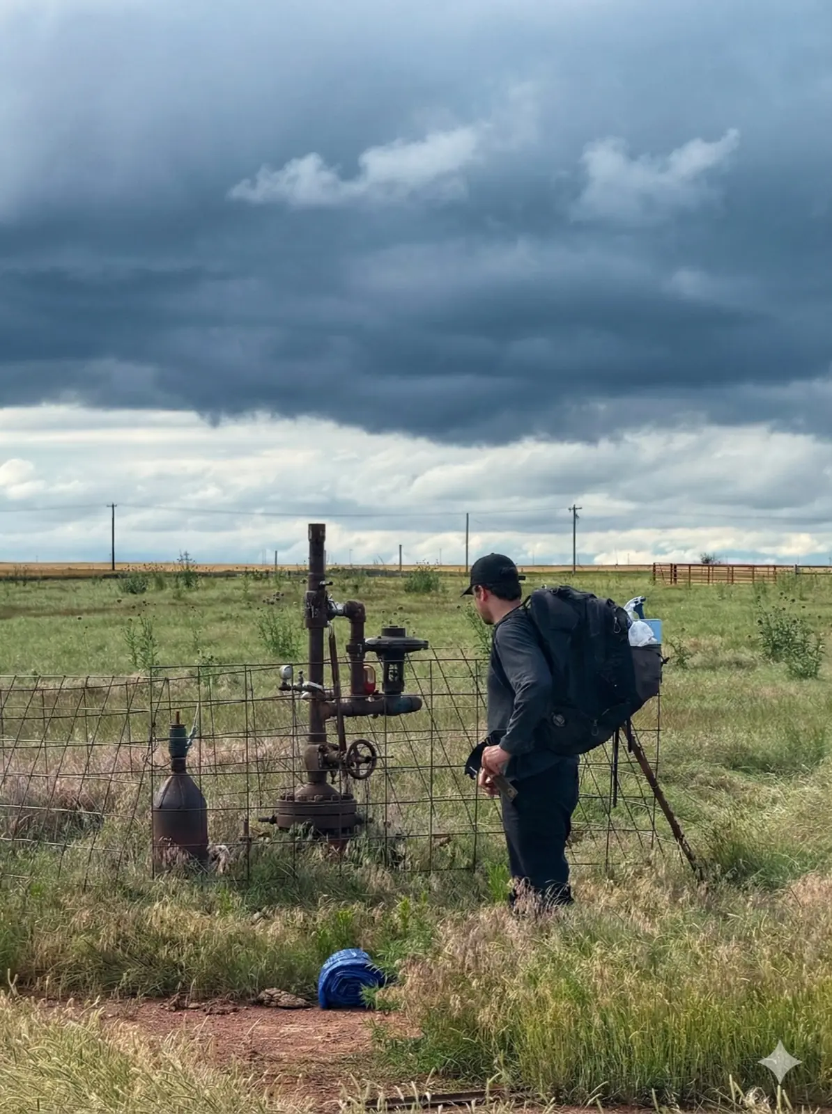 A CH4mber surveyor walking up to an old wellhead in a pasture